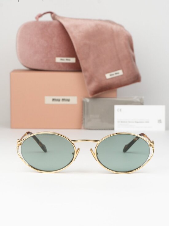 Miu Miu Women Sunglasses Gold Green Mirror Silver Oval MU52YS 5AK04M BRAND NEW main image 6